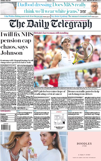 The Daily Telegraph (UK) Newspaper Front Page for 9 July 2019