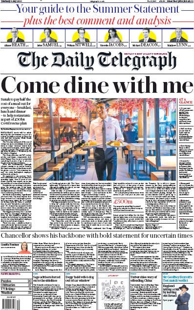 The Daily Telegraph Newspaper Front Page for 9 July 2020