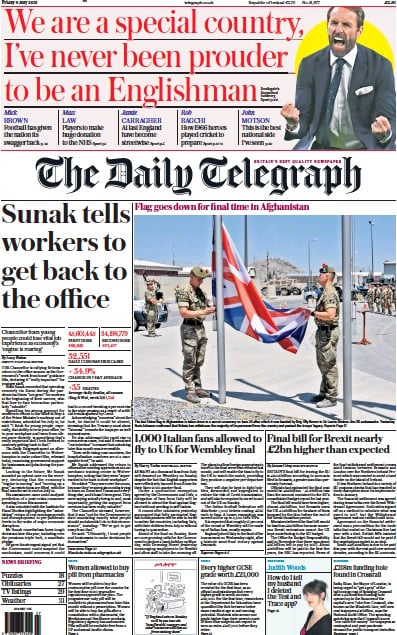 The Daily Telegraph (UK) Newspaper Front Page for 9 July 2021