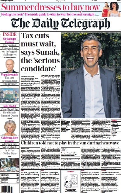The Daily Telegraph (UK) Newspaper Front Page for 9 July 2022