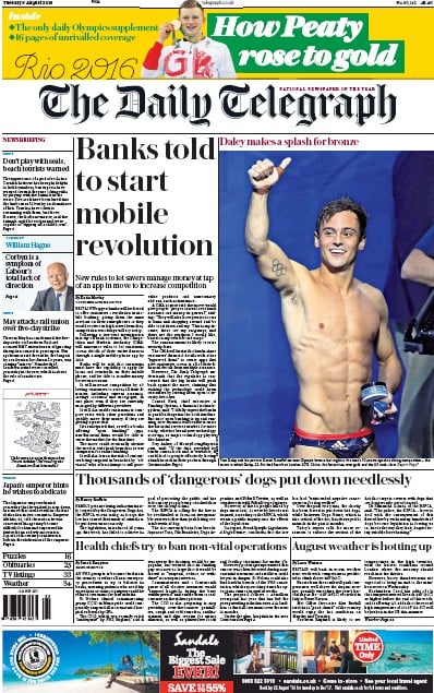 The Daily Telegraph Newspaper Front Page for 9 August 2016