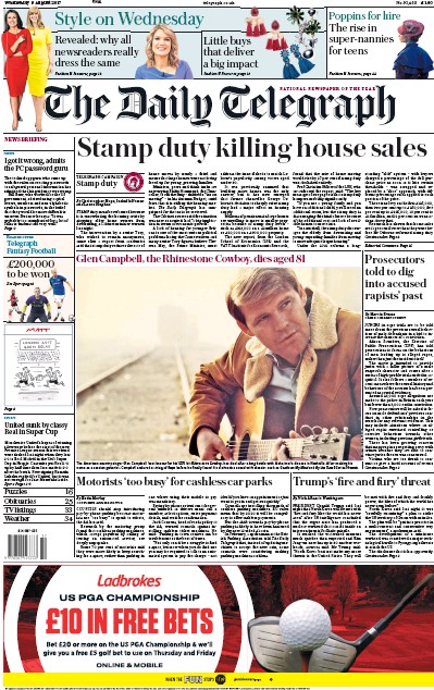 The Daily Telegraph Newspaper Front Page for 9 August 2017