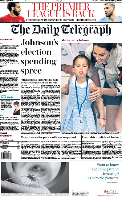 The Daily Telegraph (UK) Newspaper Front Page for 9 August 2019