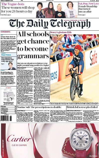 The Daily Telegraph Newspaper Front Page for 9 September 2016