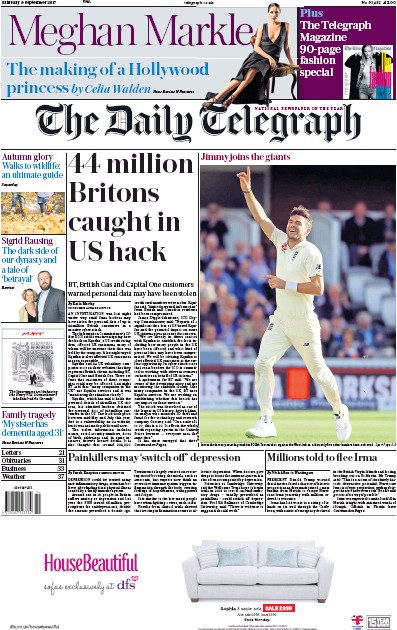 The Daily Telegraph Newspaper Front Page for 9 September 2017