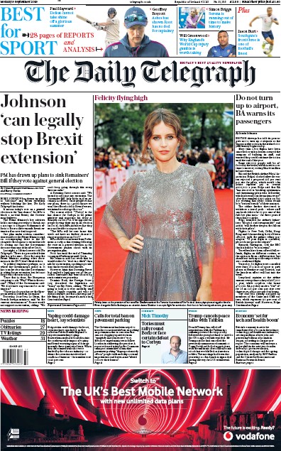 The Daily Telegraph Newspaper Front Page for 9 September 2019