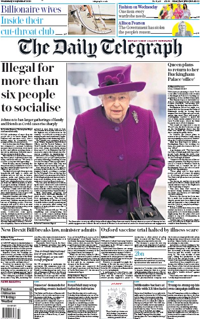 The Daily Telegraph Newspaper Front Page for 9 September 2020
