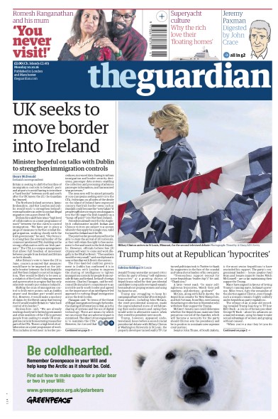 The Guardian Newspaper Front Page for 10 October 2016