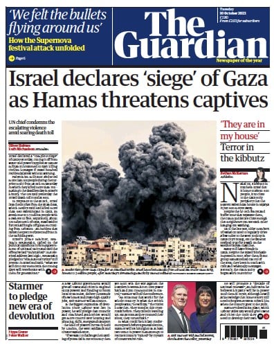 The Guardian (UK) Newspaper Front Page for 10 October 2023