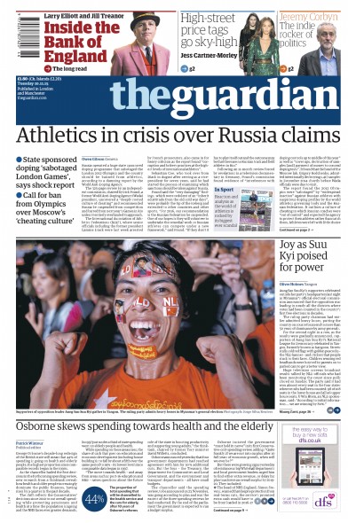The Guardian Newspaper Front Page for 10 November 2015