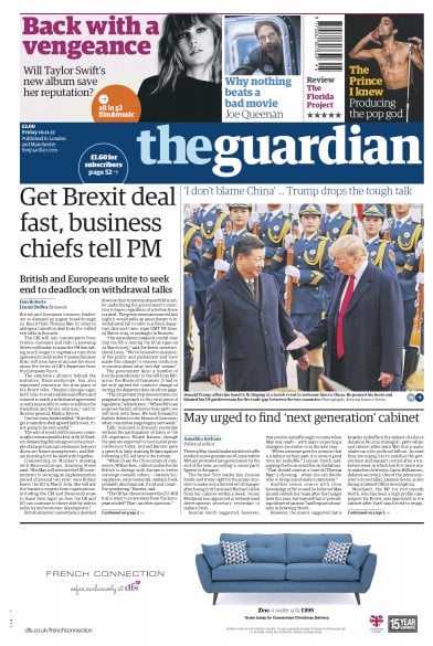 The Guardian Newspaper Front Page for 10 November 2017