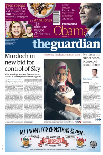 The Guardian (UK) Newspaper Front Page for 10 December 2016