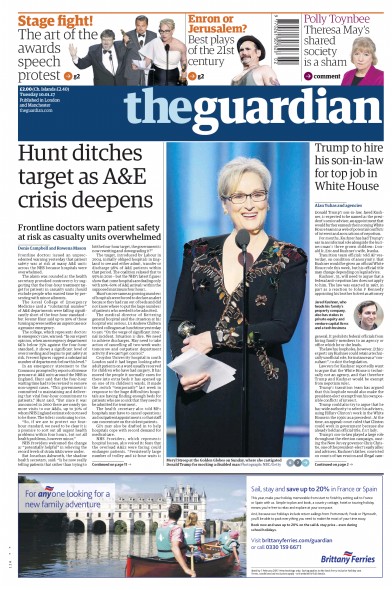 The Guardian (UK) Newspaper Front Page for 10 January 2017
