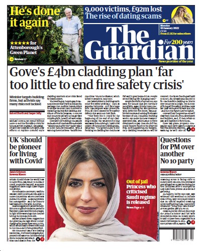 The Guardian (UK) Newspaper Front Page for 10 January 2022