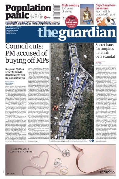 The Guardian Newspaper Front Page for 10 February 2016