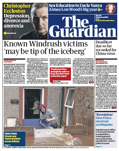 The Guardian Newspaper Front Page for 10 February 2020