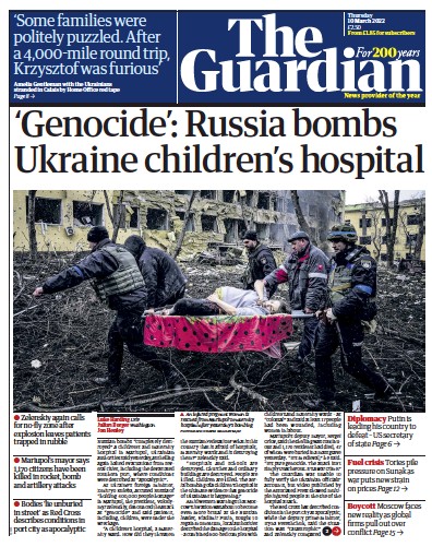 The Guardian Newspaper Front Page for 10 March 2022
