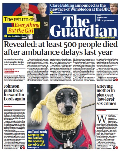 The Guardian (UK) Newspaper Front Page for 10 March 2023