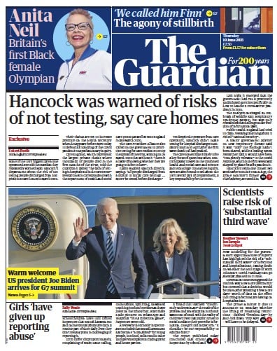 The Guardian Newspaper Front Page for 10 June 2021
