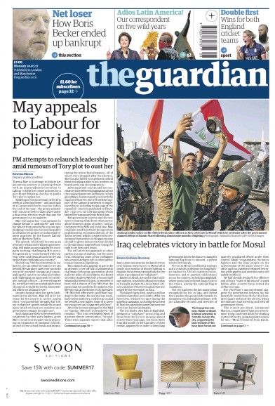 The Guardian (UK) Newspaper Front Page for 10 July 2017
