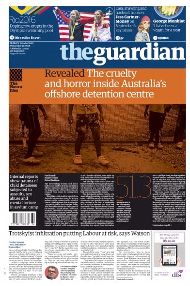 The Guardian Newspaper Front Page for 10 August 2016