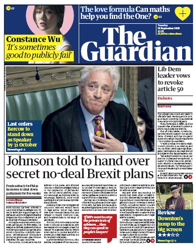 The Guardian Newspaper Front Page for 10 September 2019