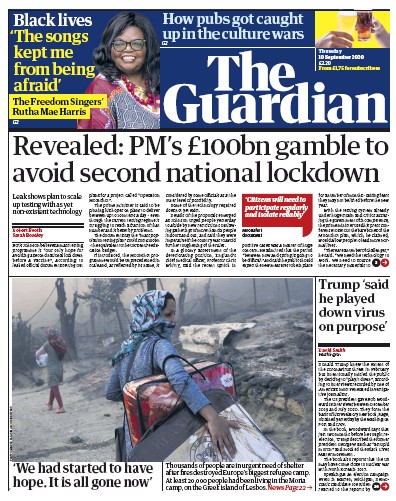 The Guardian (UK) Newspaper Front Page for 10 September 2020