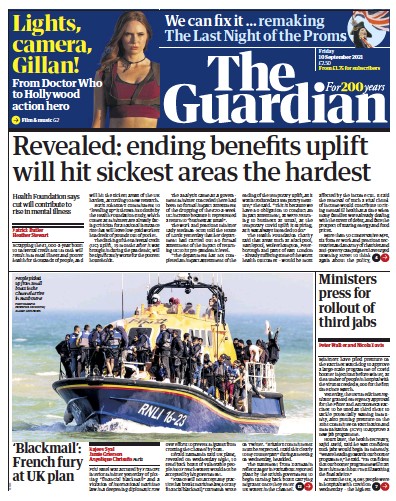 The Guardian (UK) Newspaper Front Page for 10 September 2021