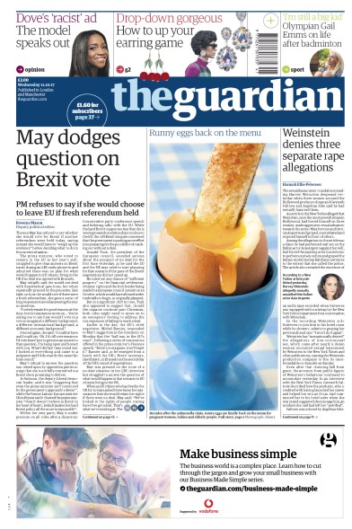 The Guardian Newspaper Front Page for 11 October 2017