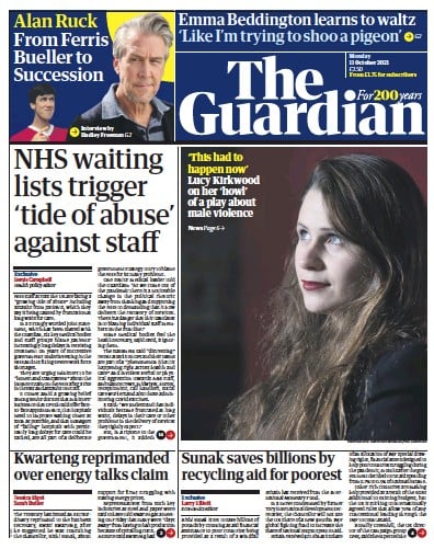 The Guardian Newspaper Front Page for 11 October 2021