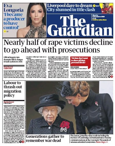 The Guardian Newspaper Front Page for 11 November 2019