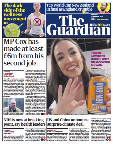The Guardian (UK) Newspaper Front Page for 11 November 2021