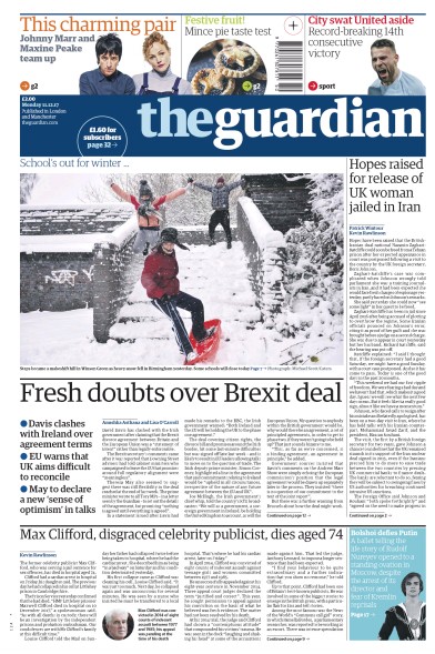 The Guardian Newspaper Front Page for 11 December 2017