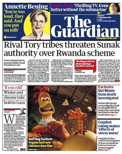 The Guardian (UK) Newspaper Front Page for 11 December 2023