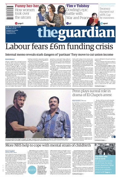 The Guardian Newspaper Front Page for 11 January 2016
