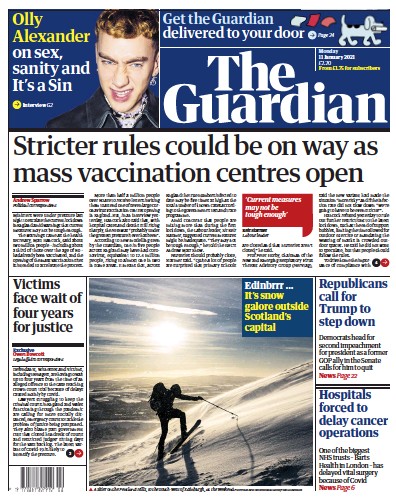 The Guardian Newspaper Front Page for 11 January 2021
