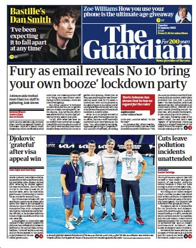 The Guardian (UK) Newspaper Front Page for 11 January 2022