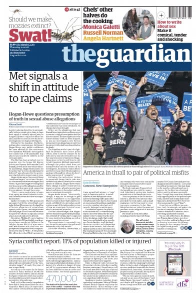 The Guardian Newspaper Front Page for 11 February 2016