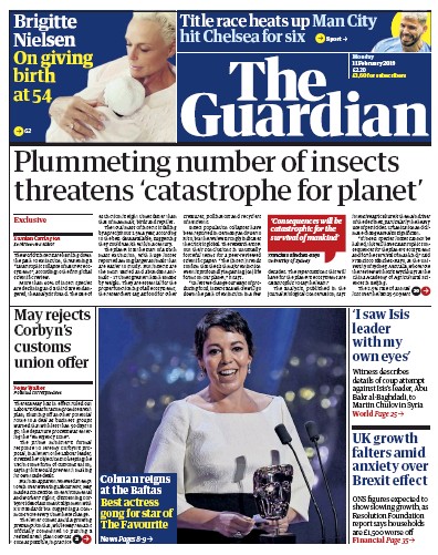 The Guardian Newspaper Front Page for 11 February 2019