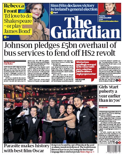 The Guardian Newspaper Front Page for 11 February 2020