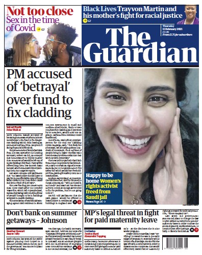The Guardian Newspaper Front Page for 11 February 2021
