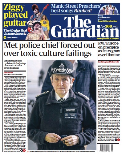 The Guardian Newspaper Front Page for 11 February 2022