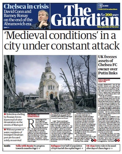 The Guardian (UK) Newspaper Front Page for 11 March 2022