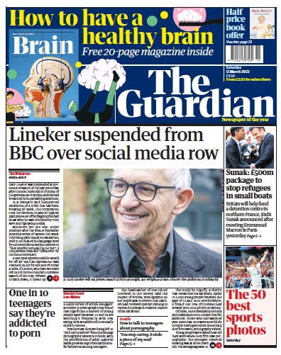 The Guardian (UK) Newspaper Front Page for 11 March 2023
