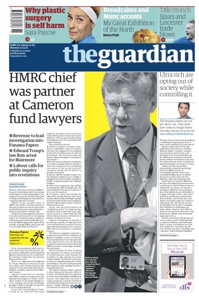The Guardian (UK) Newspaper Front Page for 11 April 2016