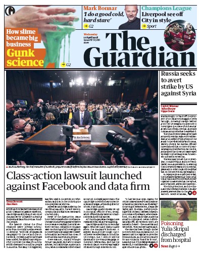 The Guardian Newspaper Front Page for 11 April 2018