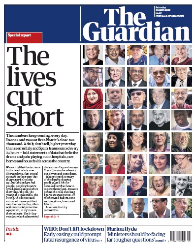 The Guardian (UK) Newspaper Front Page for 11 April 2020