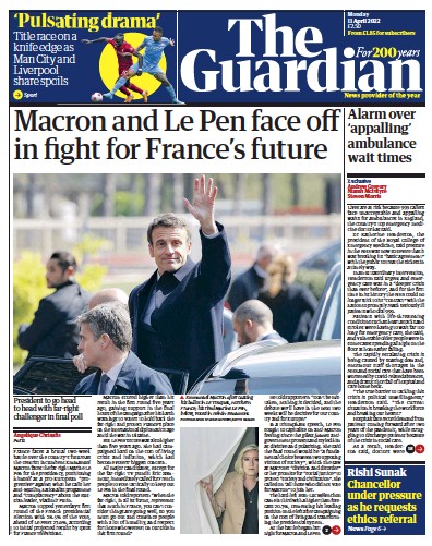 The Guardian Newspaper Front Page for 11 April 2022
