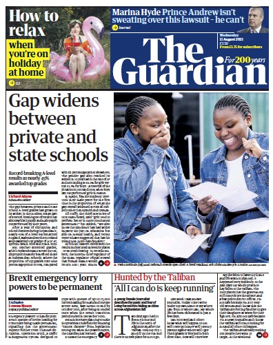 The Guardian (UK) Newspaper Front Page for 11 August 2021