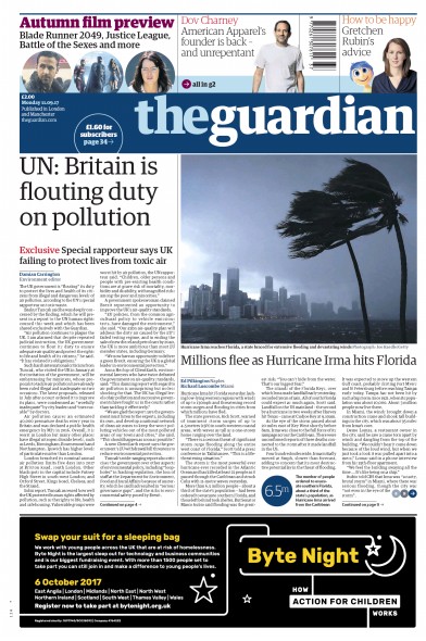 The Guardian (UK) Newspaper Front Page for 11 September 2017